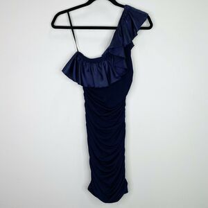 City Studio Ruched Blue Ruffle One Shoulder Dress Size Small S Womens